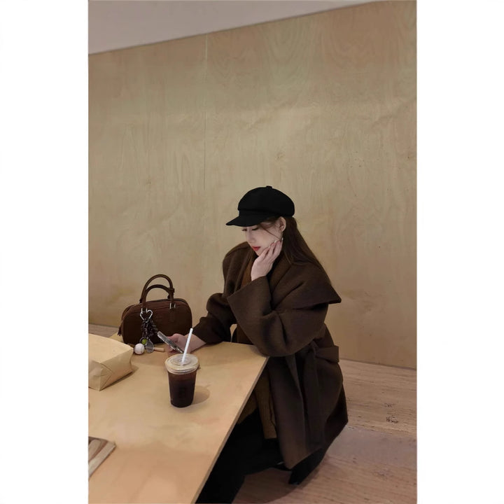 Women's Oversized Wool Coat with Hood and Waist Belt Mune Fashion