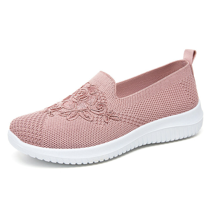 Women's elegant knitted slippers with floral embroidery, elastic entry, and feather-light EVA outsole Mune Fashion