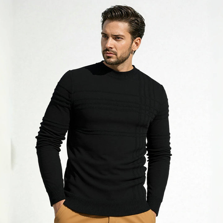 Men's Structured Fine Knit Pullover with Round Neck and Decorative Stripe Relief Seams Mune Fashion