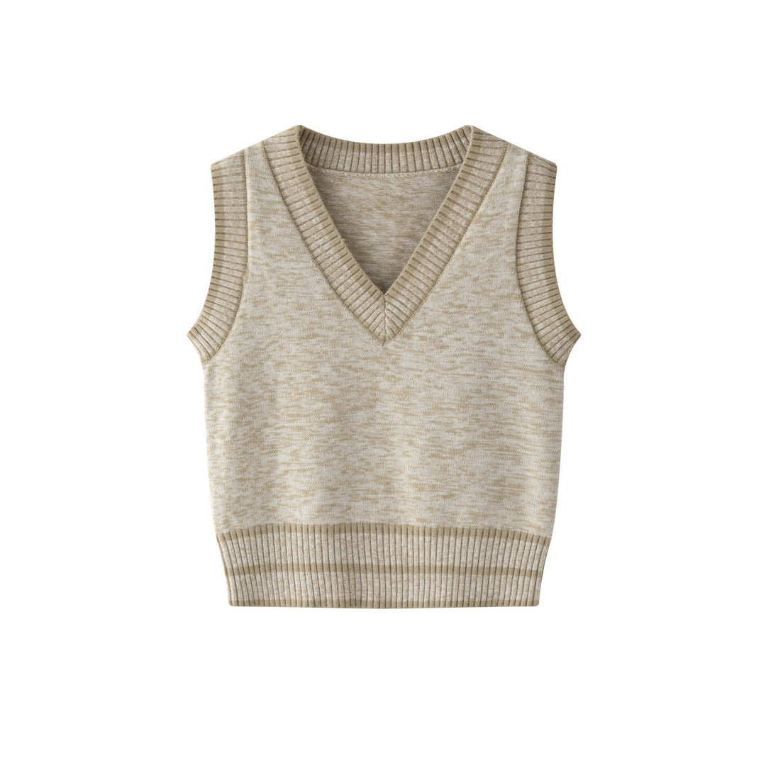Women's Knit Sleeveless V-Neck Vest with Mélange Structure and Ribbed Hem Mune Fashion