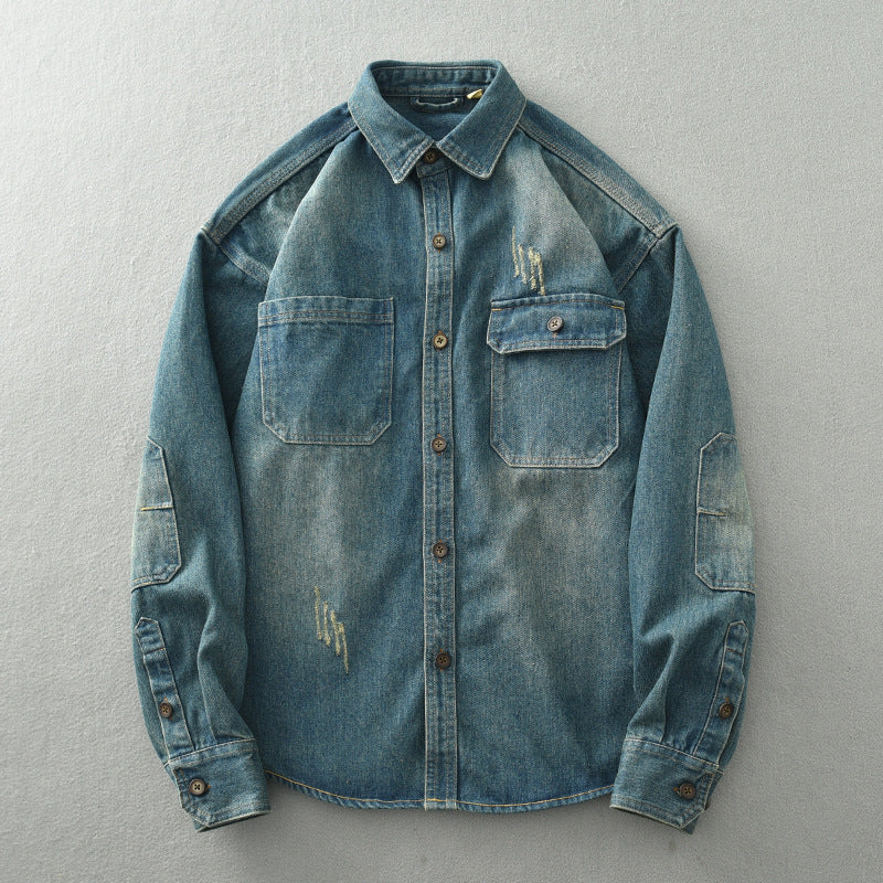 Men's denim shirt jacket in a used look with patch chest pockets and button placket Mune Fashion