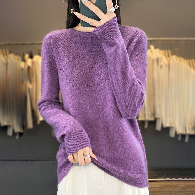 Ladies Soft Ajour-Yoke Round Neck Sweater in Cashmere-Look Fine Knit Mune Fashion