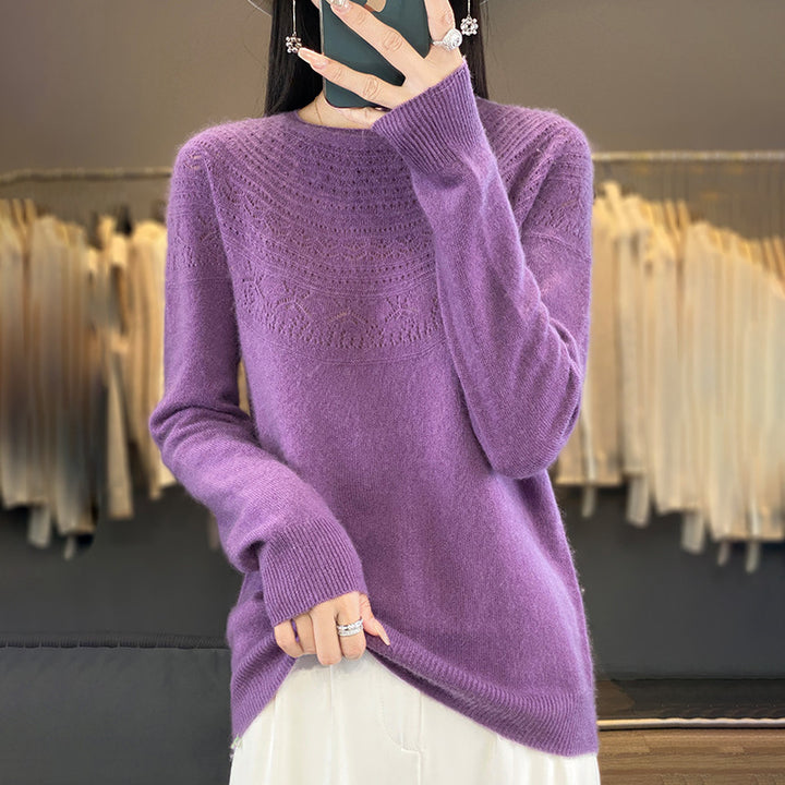 Ladies Soft Ajour-Yoke Round Neck Sweater in Cashmere-Look Fine Knit Mune Fashion