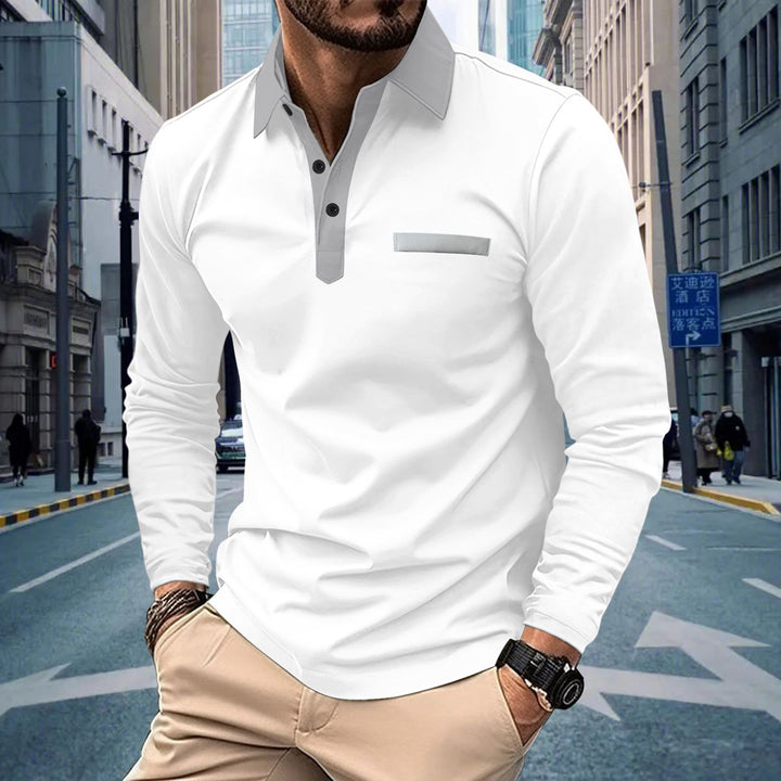 Men's long sleeve polo shirt with contrasting collar, concealed button placket, and decorative chest stripe Mune Fashion