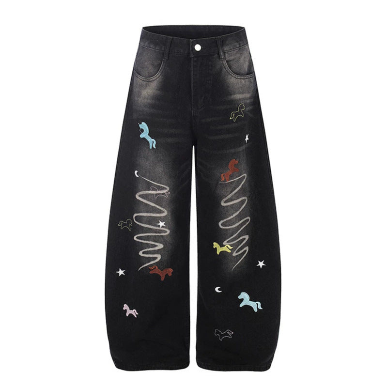 Ladies Wide High-Waist Palazzo Pants made of Denim with Horse Embroidery and Culotte Cut Mune Fashion