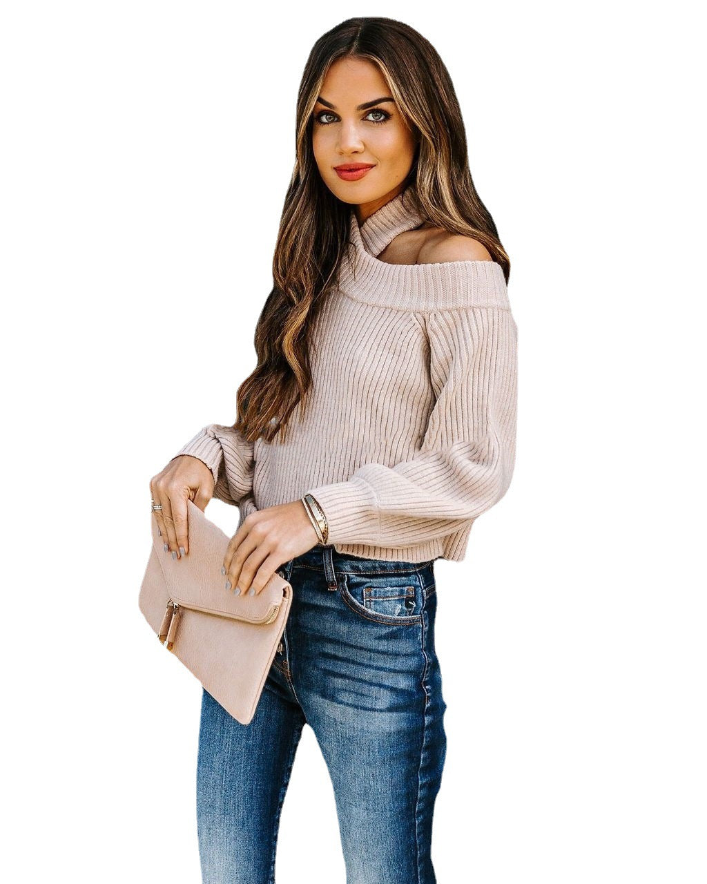 Women's Ribbed Cropped Knit Sweater with High Collar and Shoulder Cutout Mune Fashion