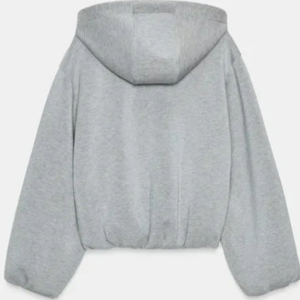 Women's Cropped Hooded Sweat Jacket in Bomber Style with Balloon Sleeves Mune Fashion