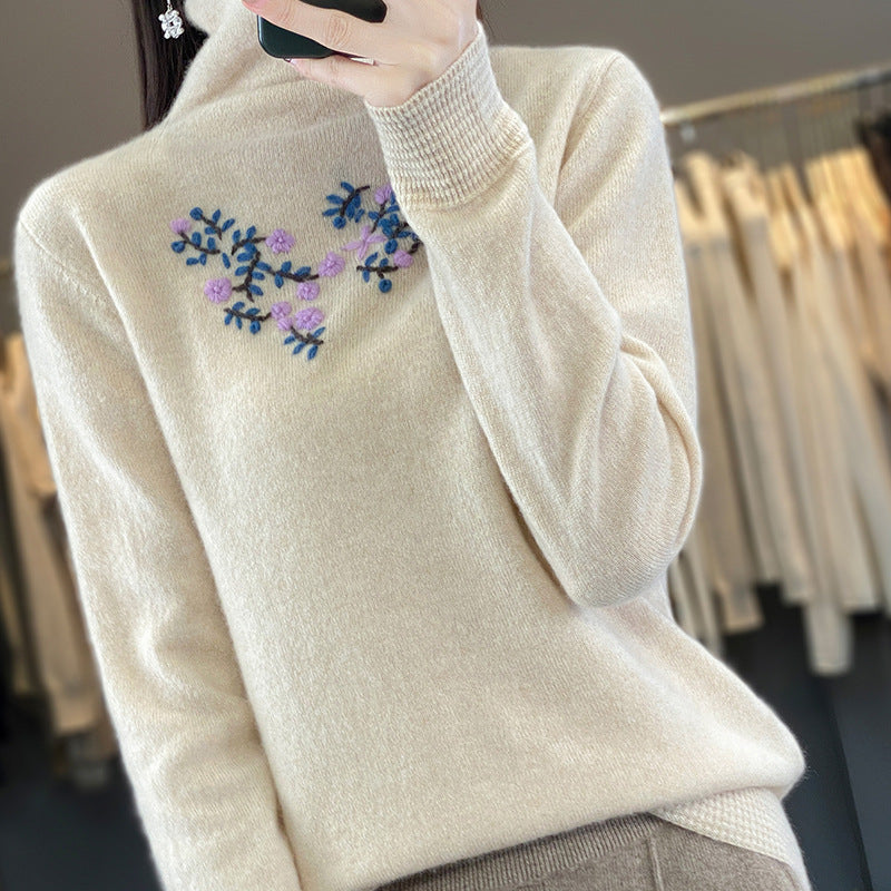 Women's Cashmere-Optics Turtleneck Sweater with Delicate Floral Embroidery on the Chest Area Mune Fashion