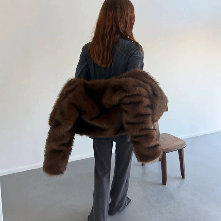 Women's Cropped Faux Fur Bolero with Boxy Silhouette and Trumpet Sleeves Mune Fashion