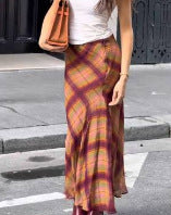 Women Flowing Checked Maxi Skirt with Tailored Trumpet Silhouette Mune Fashion