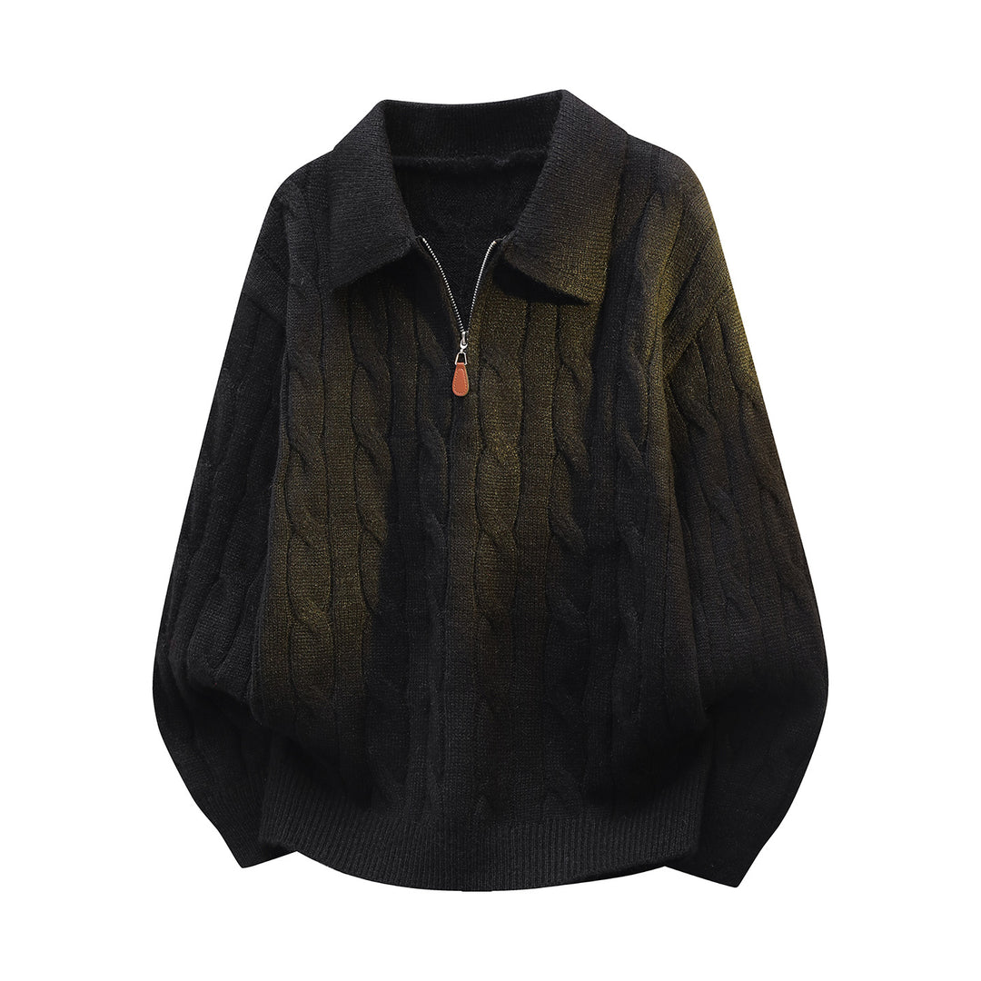 Unisex Oversize Cable Knit Sweater with Half Zip and Shirt Collar Mune Fashion