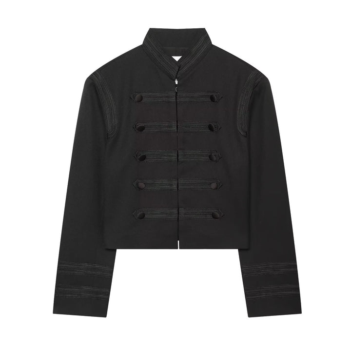 Women Cropped Box Jacket in Historical Military Style with Decorative Straps Drune