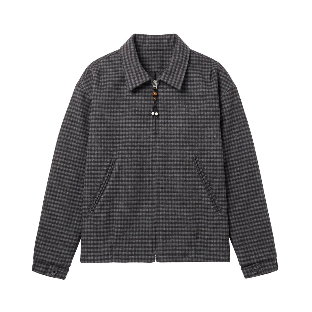 Men's Short-Cut Wool Blend Bomber with Houndstooth Pattern and Concealed Zipper