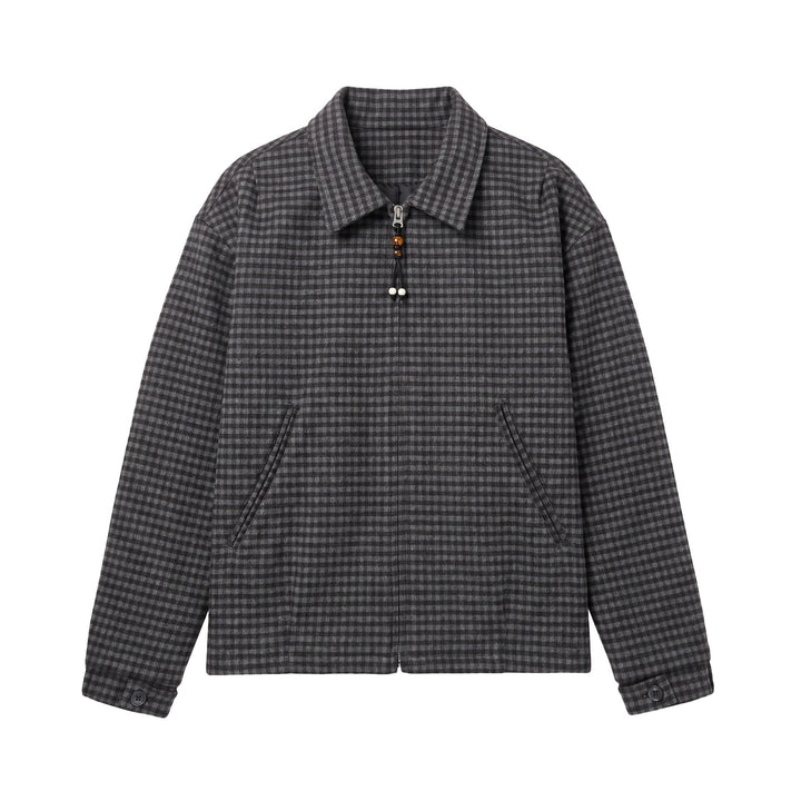 Men's Short-Cut Wool Blend Bomber with Houndstooth Pattern and Concealed Zipper