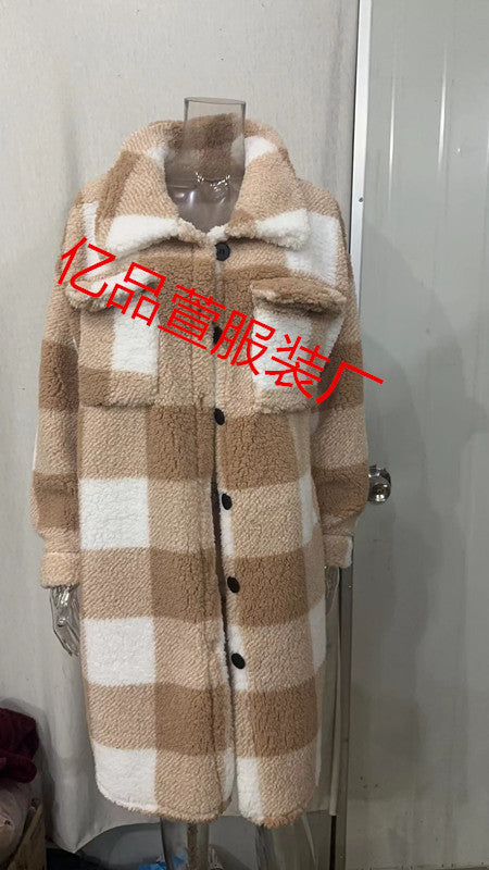 Women's longer teddy check coat with shirt collar, patch chest pockets and button placket Mune Fashion