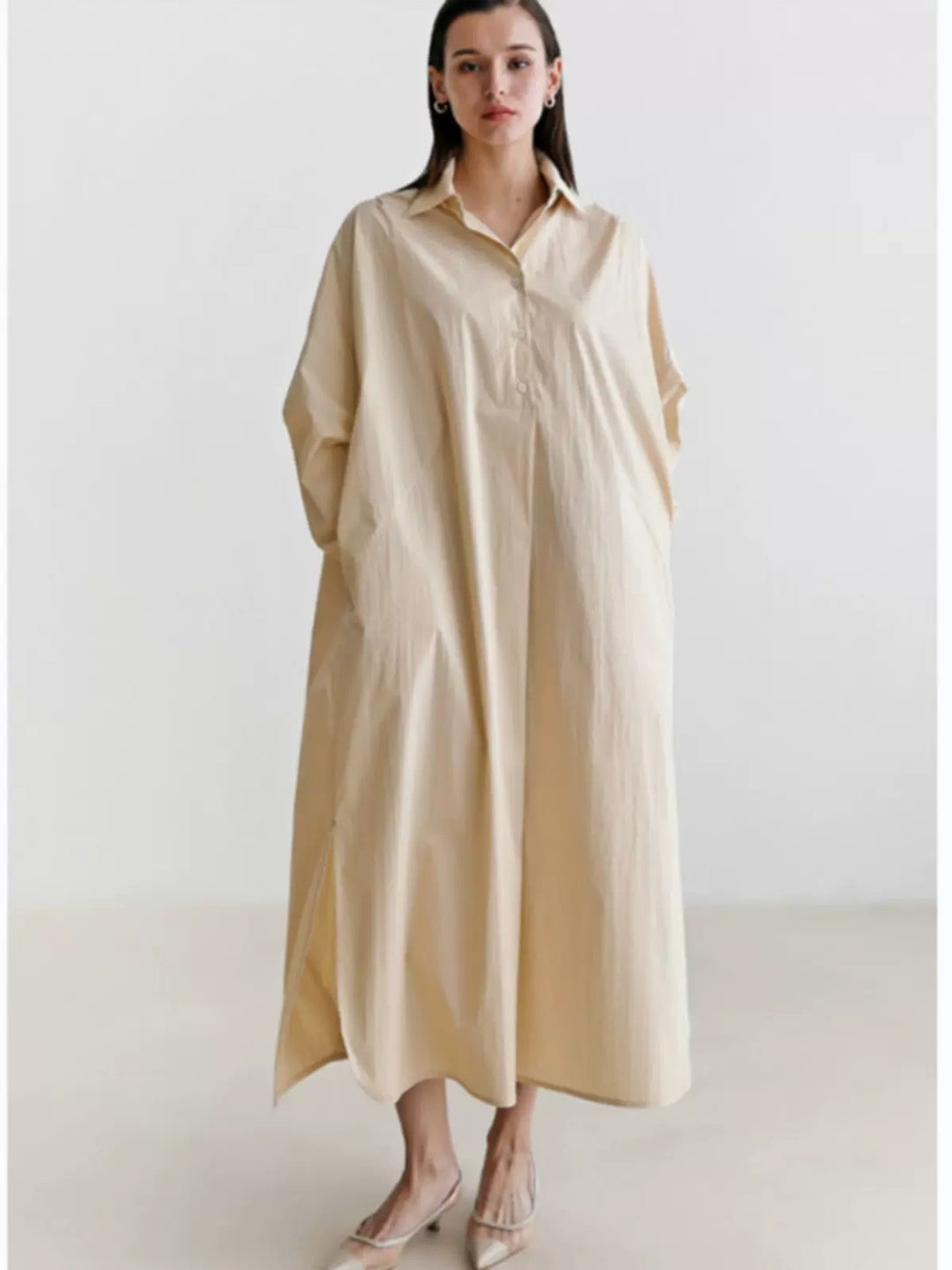 Women Flowing Oversized Shirt Dress with Kent Collar, Kimono Sleeves and Side Slits Mune Fashion