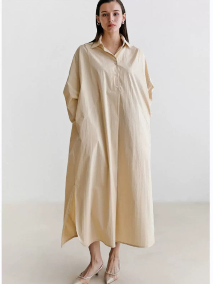 Women Flowing Oversized Shirt Dress with Kent Collar, Kimono Sleeves and Side Slits Mune Fashion