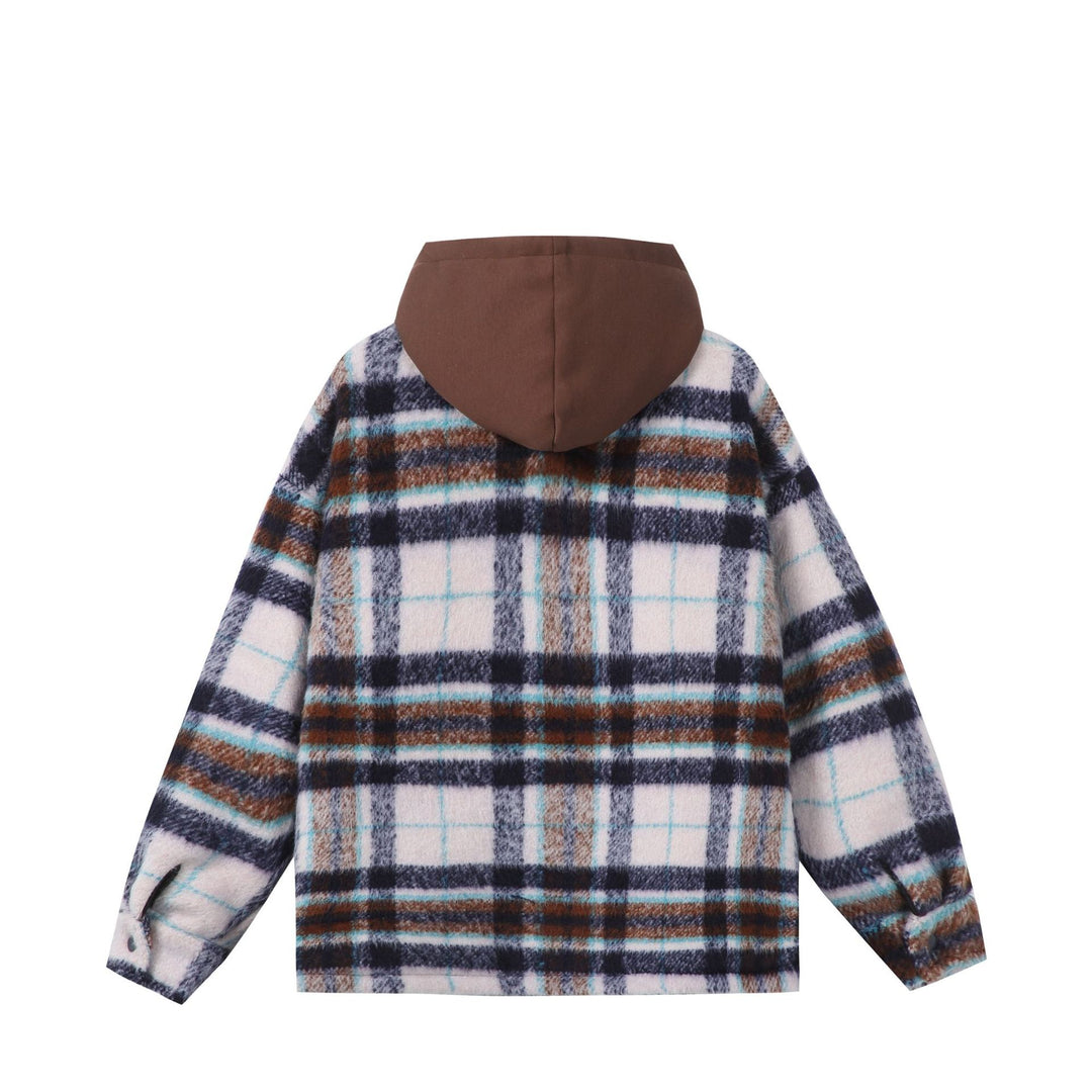 Unisex short cut plaid faux fur jacket with hood and zipper Mune Fashion