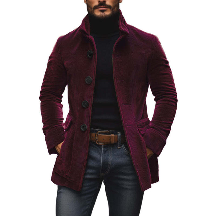 Men's tailored cord coat with stand-up collar, decorative button placket and side pockets Mune Fashion