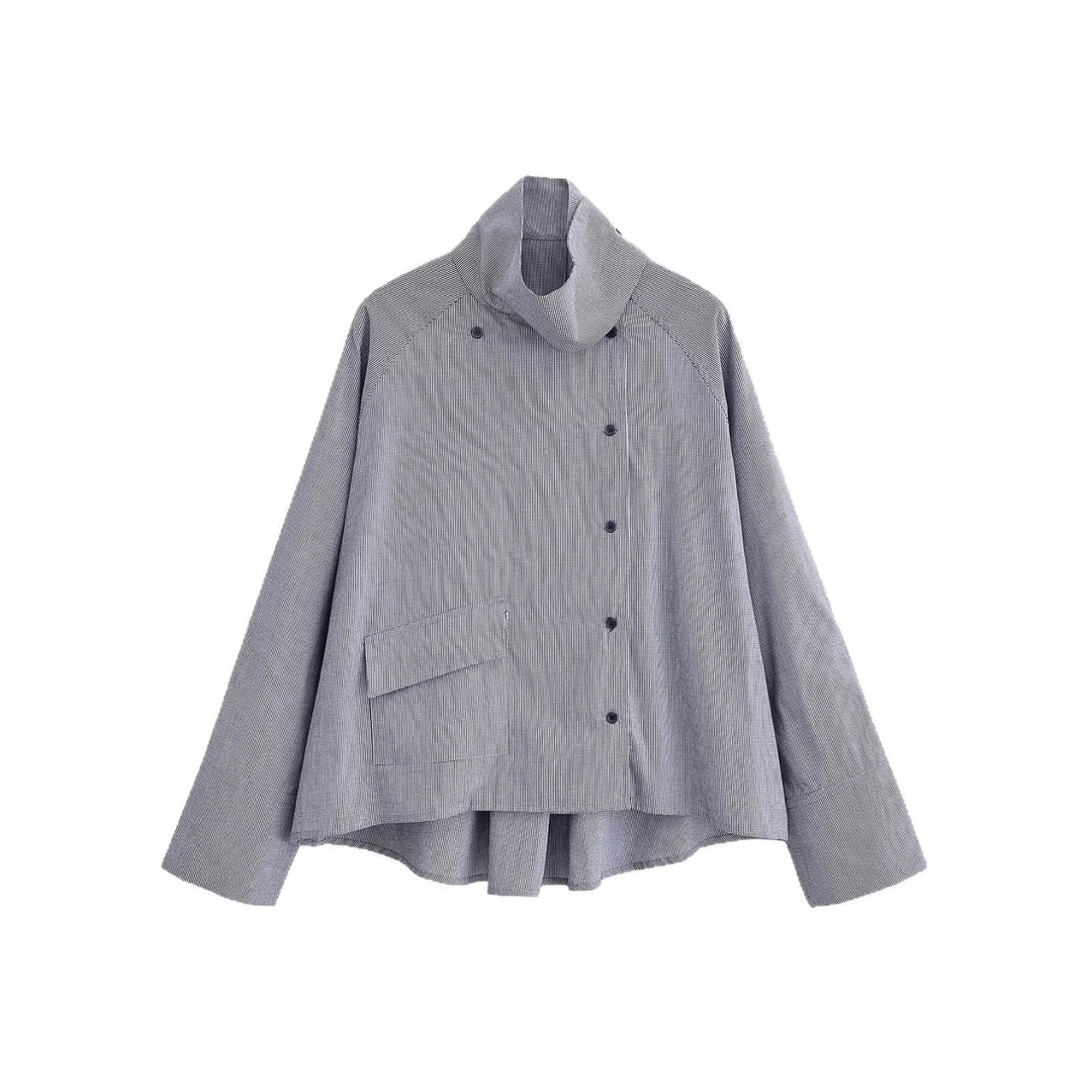 Women lightweight oversized shirt jacket with high funnel collar and asymmetrical button placket Mune Fashion