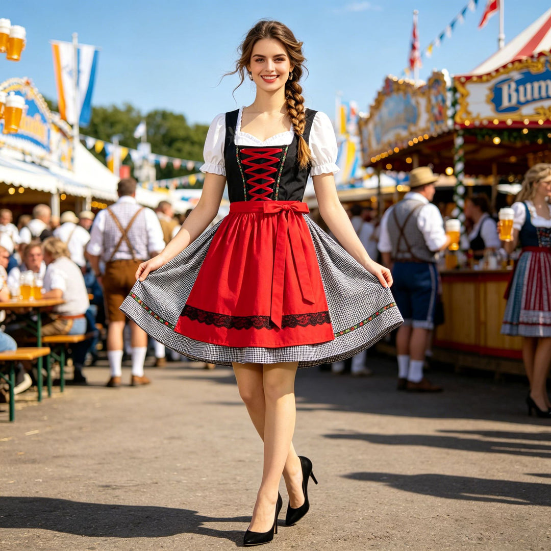 Ladies nan short traditional dirndl dress with laced bodice, puff sleeve blouse and attached apron Mune Fashion
