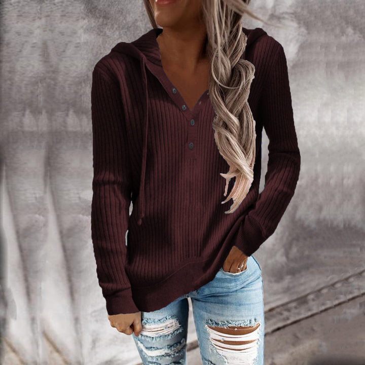Women's Casual Ribbed Hoodie Sweater with Henley Button Placket and Drawstring Hood