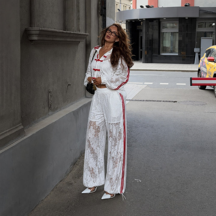 Women's two-piece lace lounge set with cropped hoodie, drawstring pants, and side contrast stripes Mune Fashion