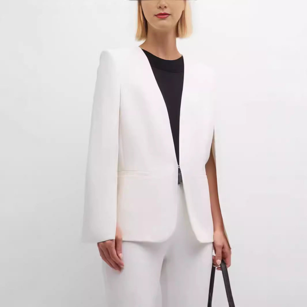 Women Elegant Cape Blazer Set with Open Sleeve Slot and Slim Suit Trousers Mune Fashion