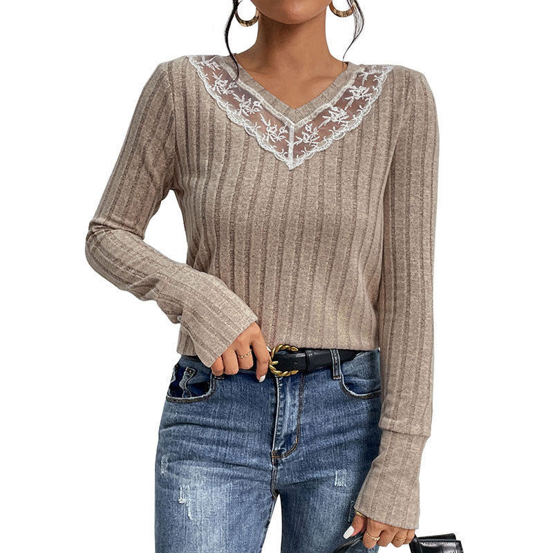 Women's Tailored Ribbed Knit Sweater with Sheer Lace Insert at V-Neck Mune Fashion