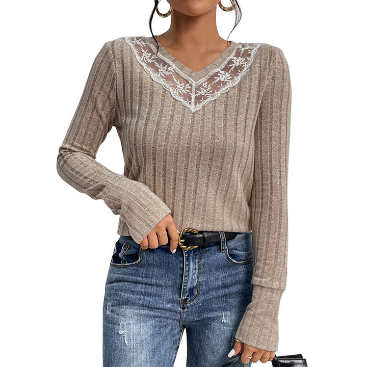 Women's Tailored Ribbed Knit Sweater with Sheer Lace Insert at V-Neck Mune Fashion