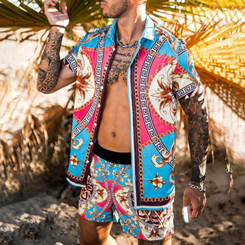 Men's short-sleeved shirt with baroque pattern and matching loose-fitting shorts Mune Fashion