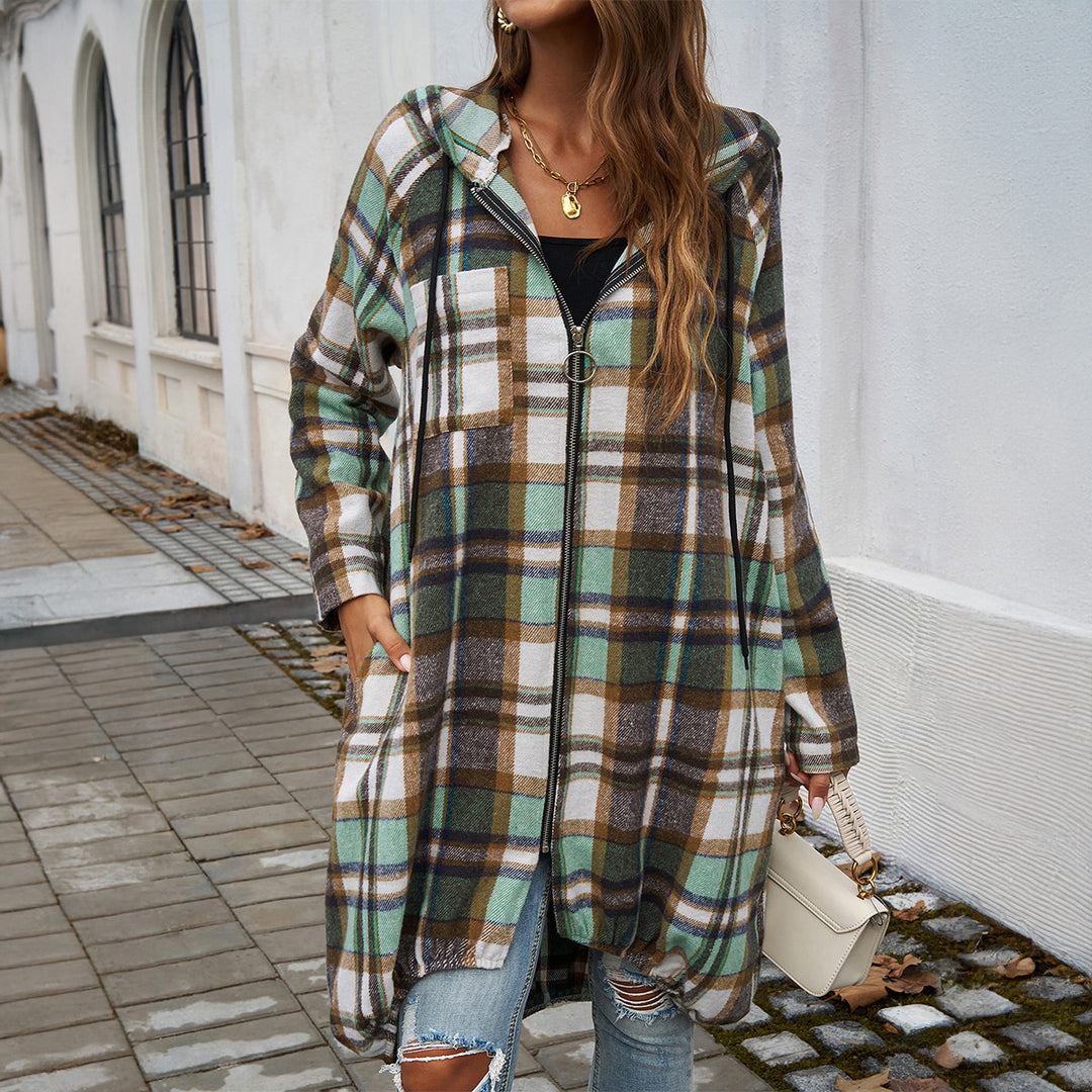Women's longer hooded coat in check pattern with zipper and balloon-shaped hem Mune Fashion