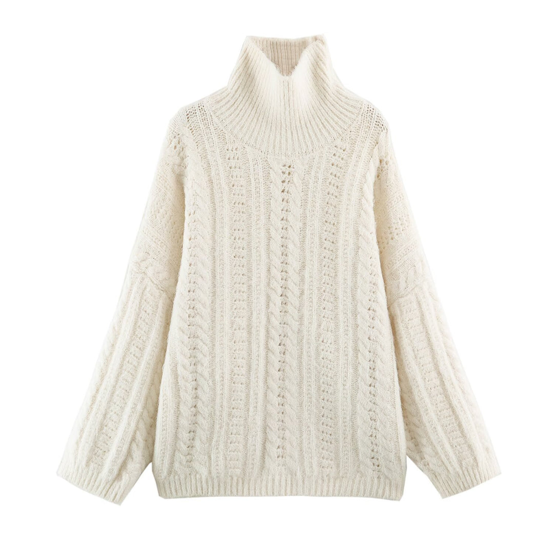 Women's Chunky Knit Oversized Sweater with High Turtleneck and Cable Pattern Mune Fashion