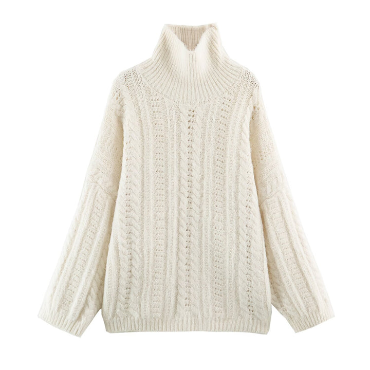 Women's Chunky Knit Oversized Sweater with High Turtleneck and Cable Pattern Mune Fashion