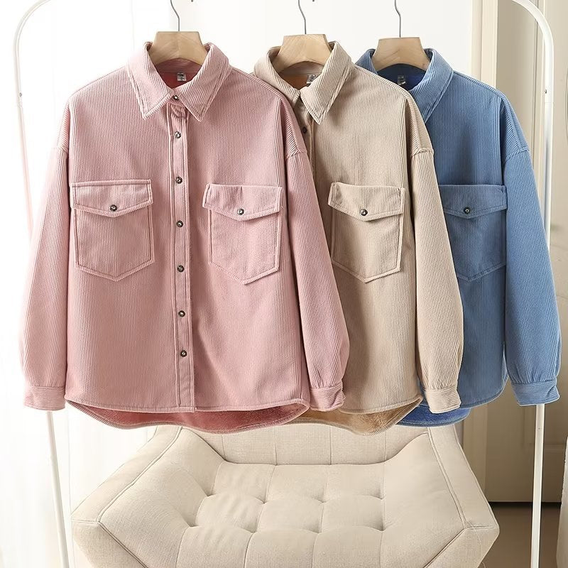 Women's oversized cord shirt jacket with padded teddy lining, patch pockets, and snap-button placket Mune Fashion