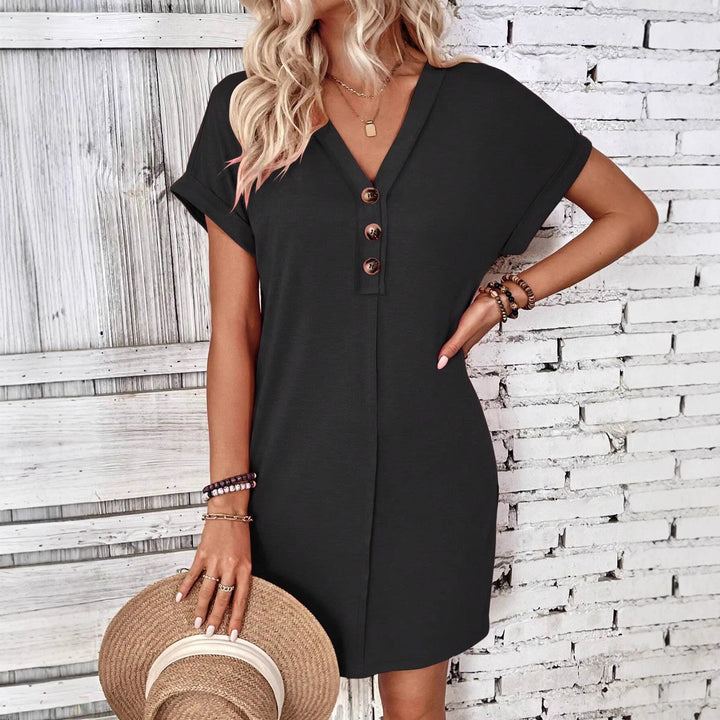 Ladies Loose V-Neck Casual Dress with Decorative Button Placket Mune Fashion