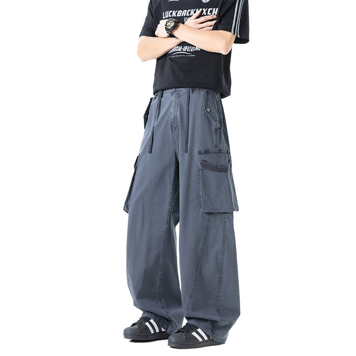 Men's Loose Cargo Pleated Pants with Drawstring and Large Flap Pockets Drune