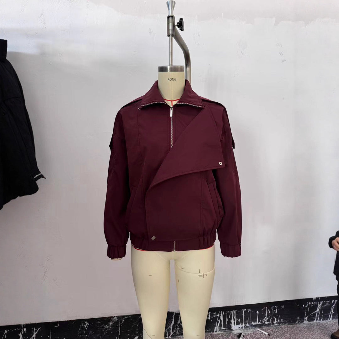Women's oversized bomber jacket with asymmetric placket front, standing collar, and drawstring hem Mune Fashion