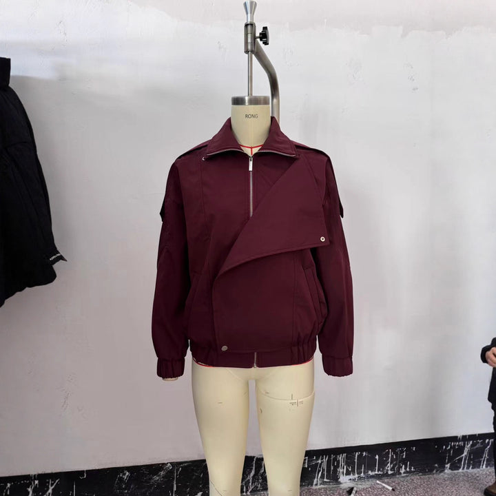 Women's oversized bomber jacket with asymmetric placket front, standing collar, and drawstring hem Mune Fashion
