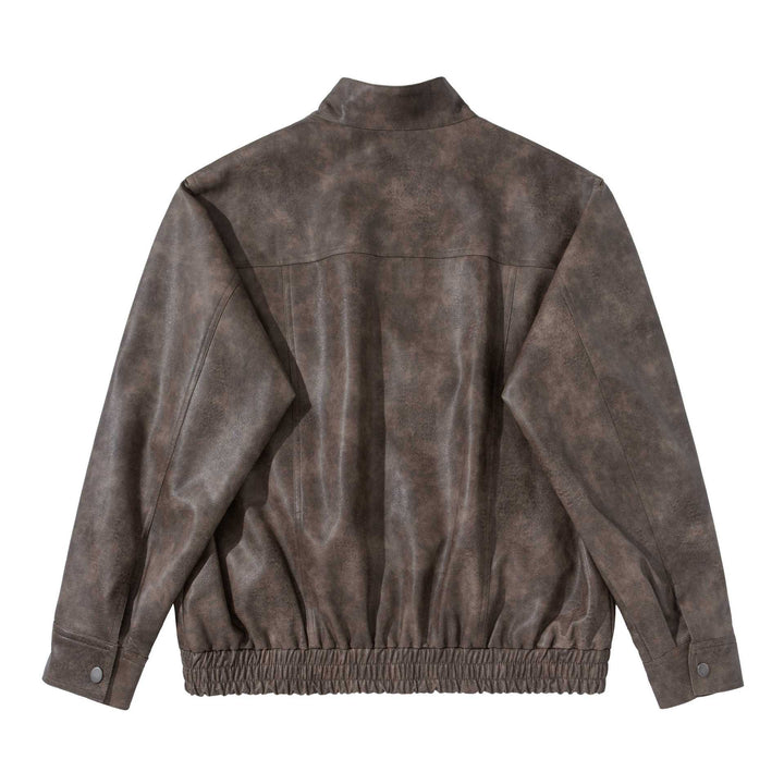 Men's vintage-inspired faux leather bomber jacket with funnel collar, flap pockets, and elastic hem Mune Fashion