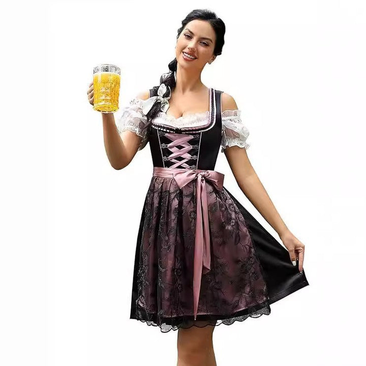 Ladies traditional dirndl dress with heart-shaped neckline, corset-like lacing, and checkered apron skirt Mune Fashion