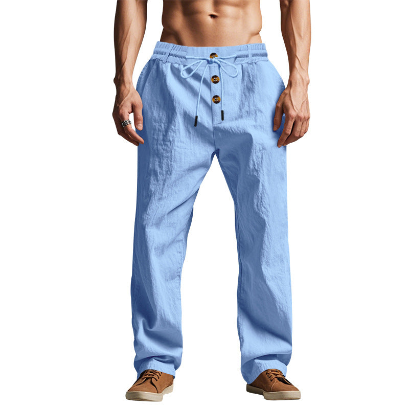 Men's relaxed pants in linen look with decorative button placket and drawstring waistband Mune Fashion