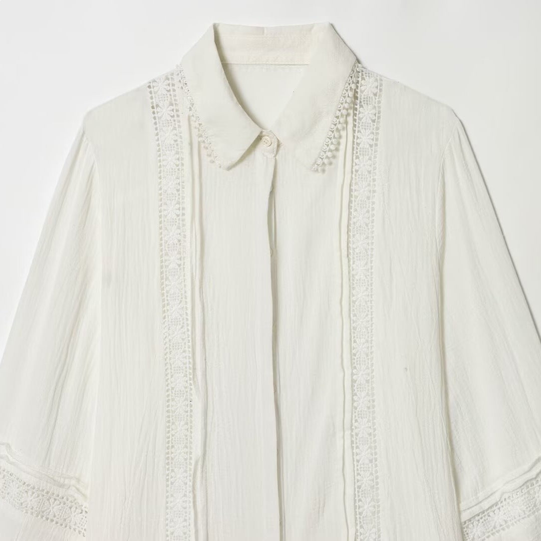 Ladies blouse with delicate lace appliqué, concealed button placket and balloon sleeves Mune Fashion