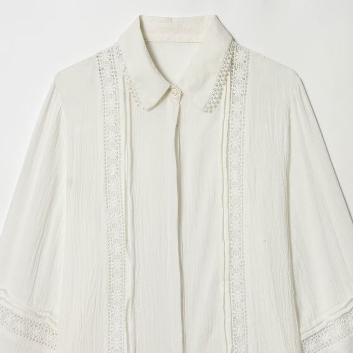 Ladies blouse with delicate lace appliqué, concealed button placket and balloon sleeves Mune Fashion