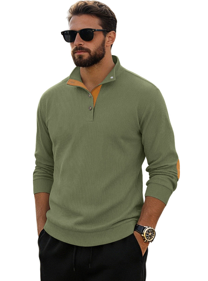 Men's fine ribbed knitted pullover with polo collar button placket and elbow patch Mune Fashion