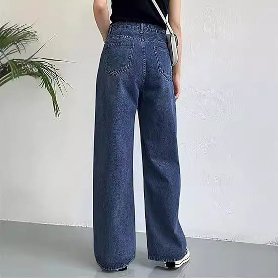 Women high-waisted wide denim pants with straight flare and classic five-pocket design Mune Fashion