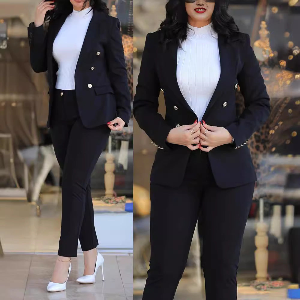 Women's tailored business pantsuit set with double-breasted blazer and tapered waistband pants Mune Fashion
