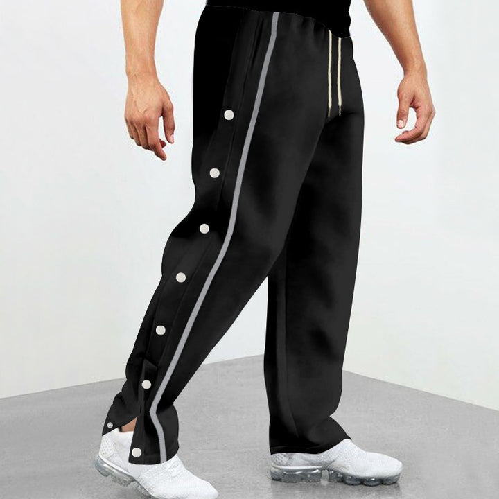 Men's Snap Track Pants with side snap buttons, contrasting side stripe, and elastic drawstring waistband Mune Fashion