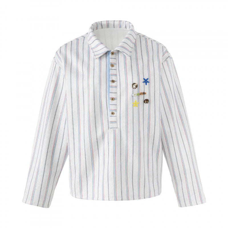 Unisex Striped Overshirt with Henley Button Placket and Decorative Pin Details Mune Fashion