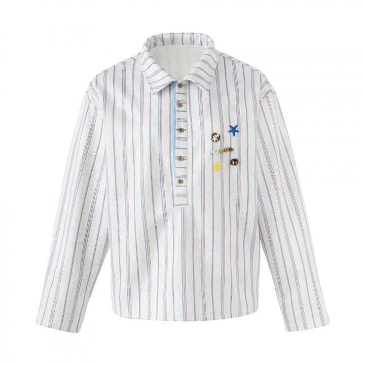Unisex Striped Overshirt with Henley Button Placket and Decorative Pin Details Mune Fashion